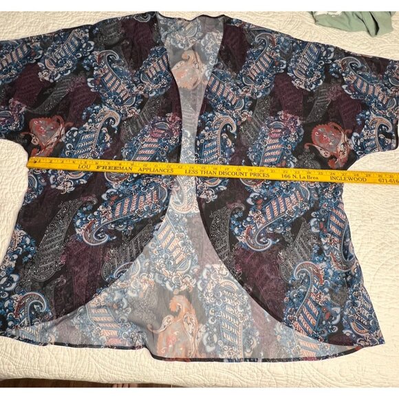 Sheer Paisley Open-Front Kimono Cardigan XXL Lightweight Boho Purple Blue Black - Picture 7 of 15